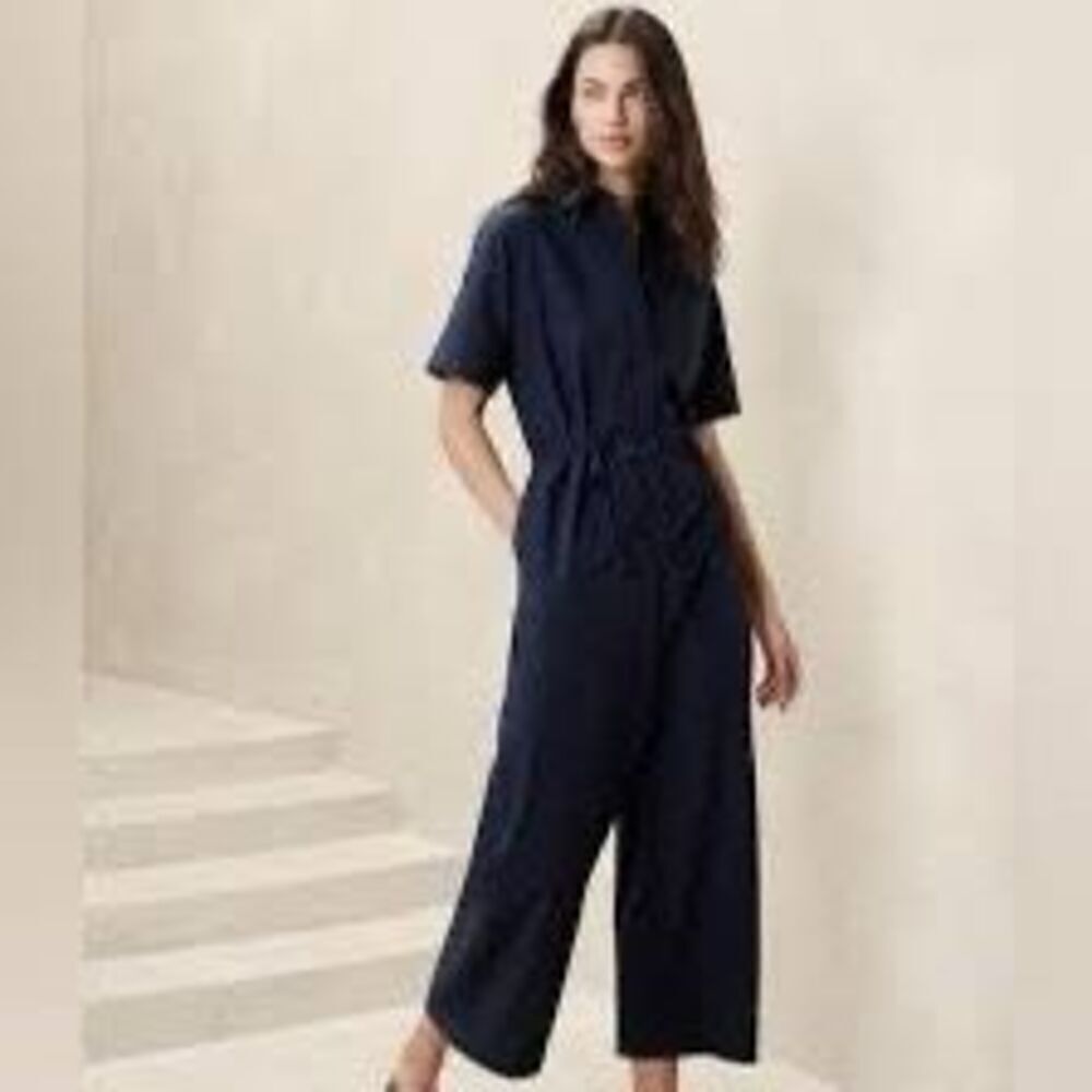 Banana Republic Women's Size 14 Tie Waist Utility Jumpsuit Navy Blue Wide Leg